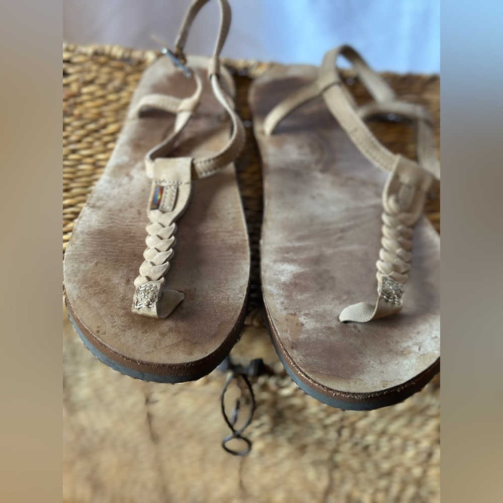 Rainbow size XL braided t strap sandals single layer